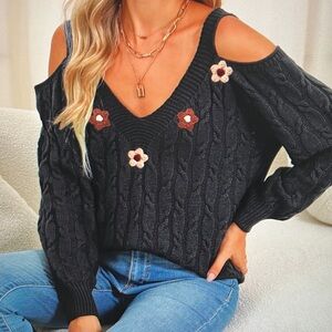 Black Cable Knit Sweater with Floral Accents